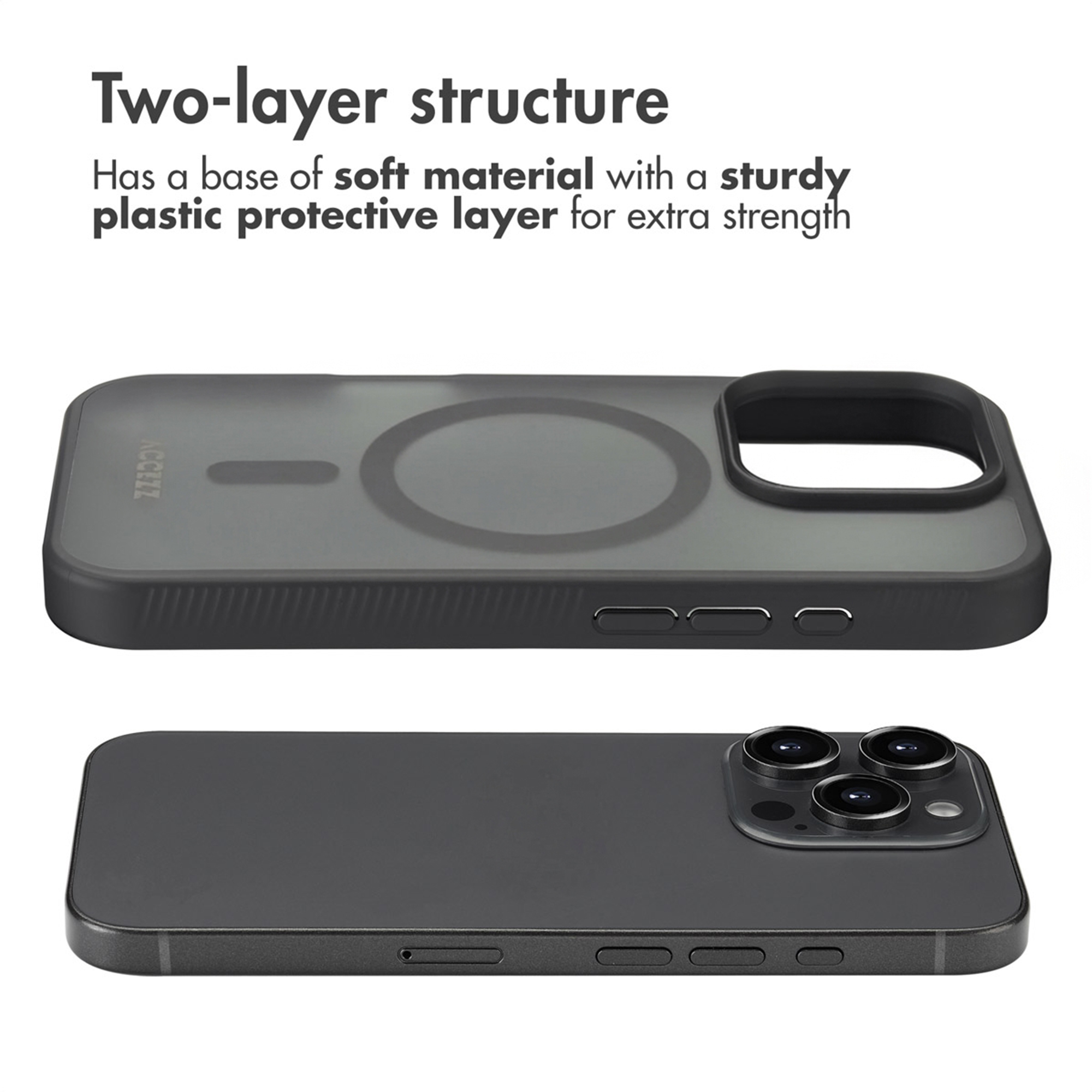 Funda de dos capas con base de material suave y capa protectora de plástico.