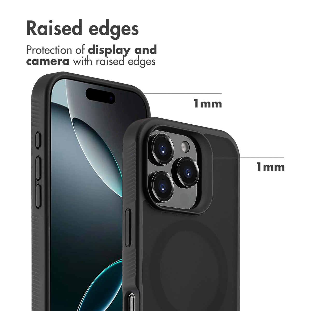 Smartphone en funda protectora con bordes elevados de 1 mm para pantalla y cámara.
