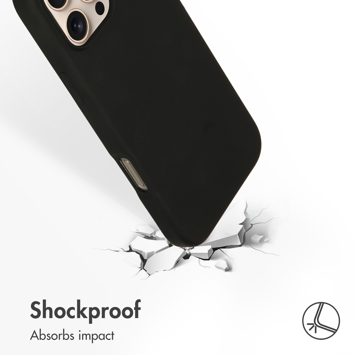 Una cover per telefono nera si schianta su una superficie bianca screpolata.