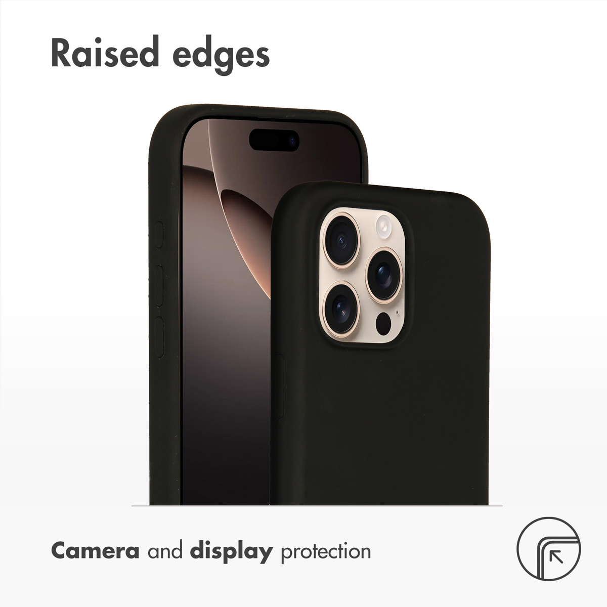 Smartphone nero in custodia con bordi rialzati per la protezione di fotocamera e display.
