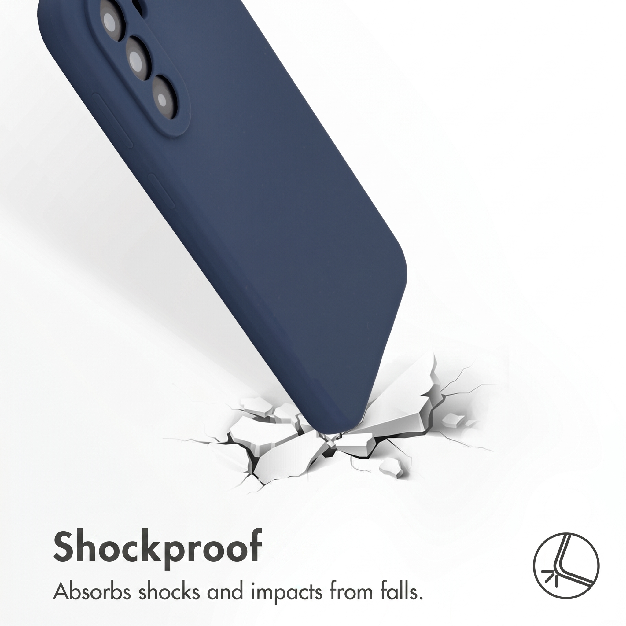 Une coque de téléphone bleu foncé heurte une surface fissurée. Texte Shockproof.