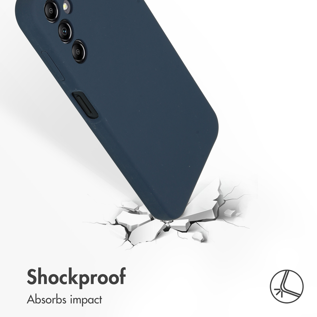 Een donkerblauwe telefoon in een hoesje raakt een gebarsten vloer, met de tekst Shockproof.