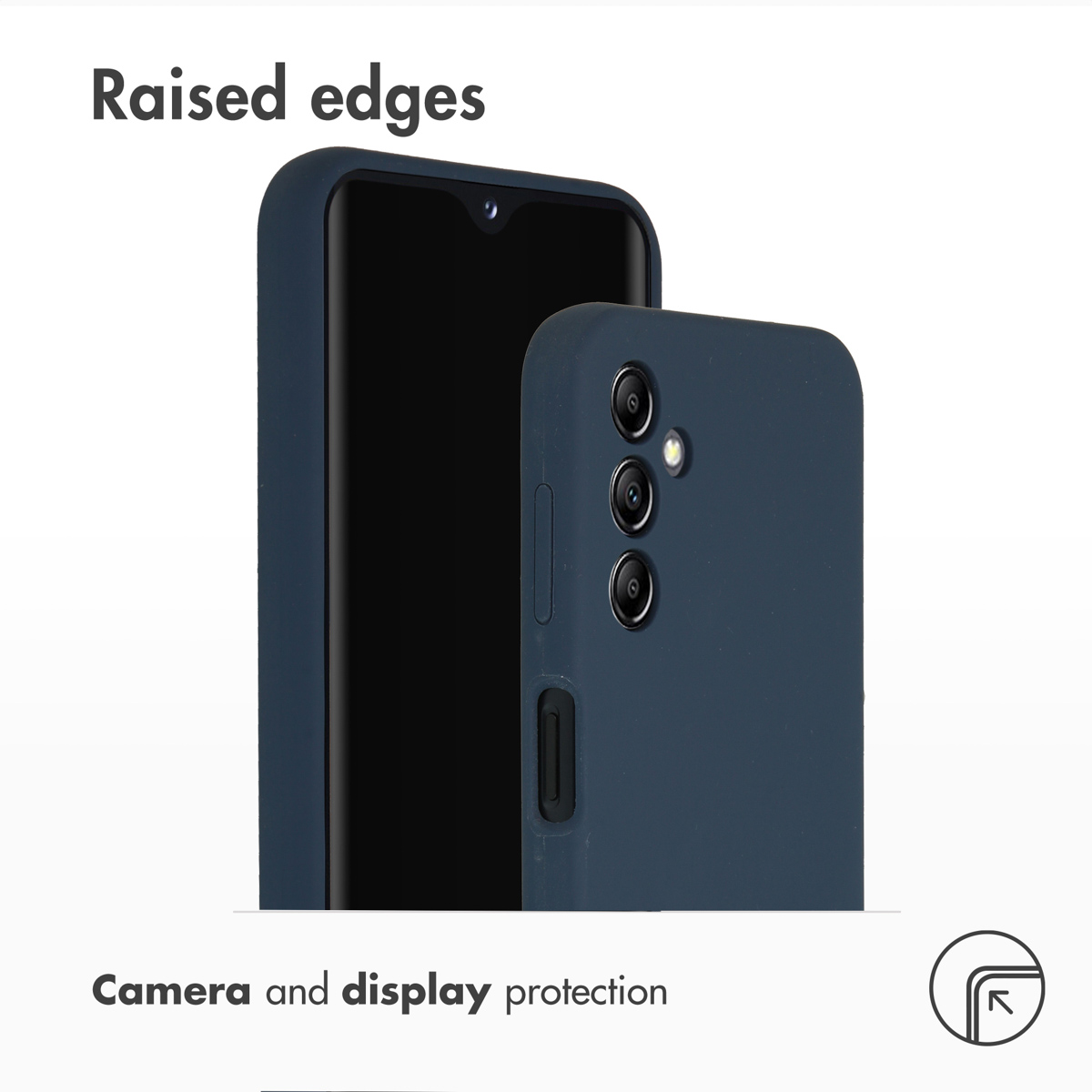 Donkerblauwe telefoonhoes met opstaande randen voor camera- en beeldschermbescherming.