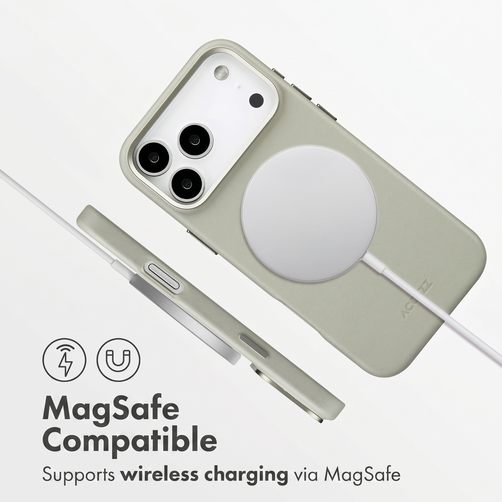Custodia per smartphone grigio chiaro con caricabatterie MagSafe, ritaglio per fotocamera e testo MagSafe.