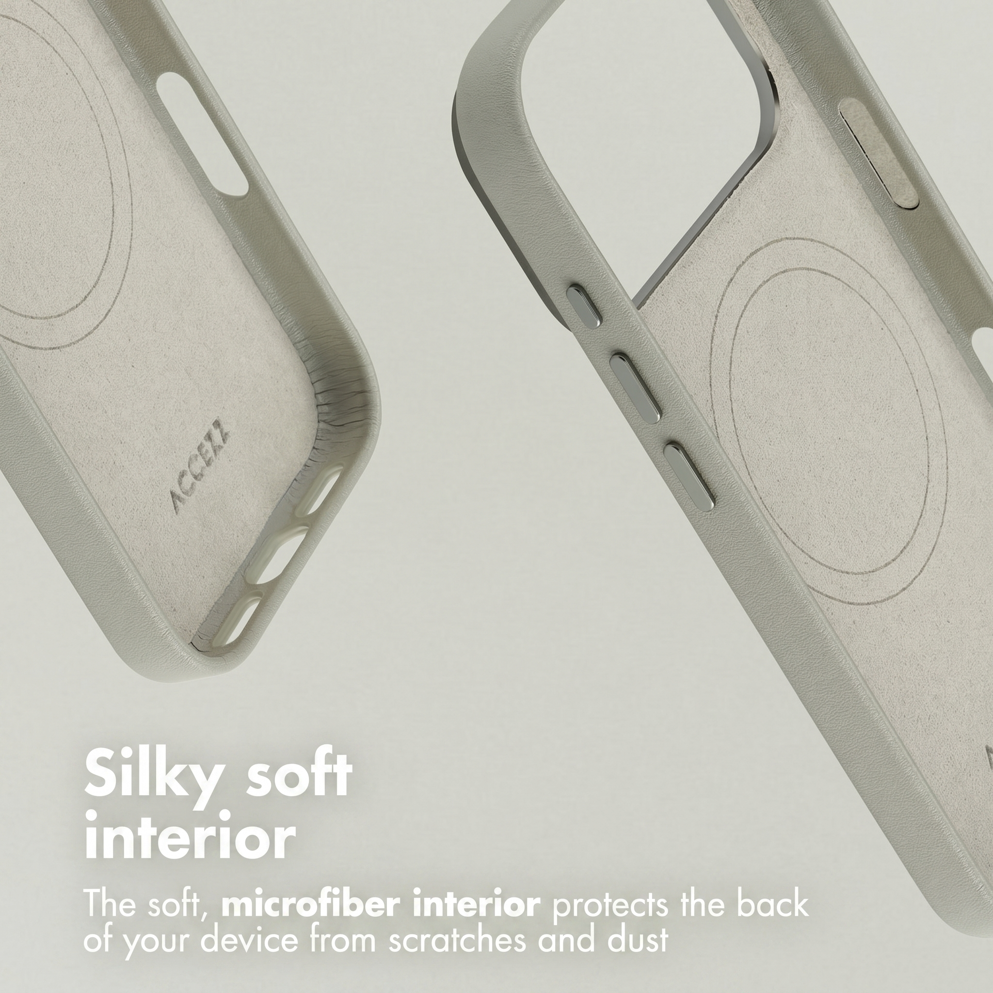 Due cover per telefono grigio chiaro con interno in microfibra e testo interno morbido.