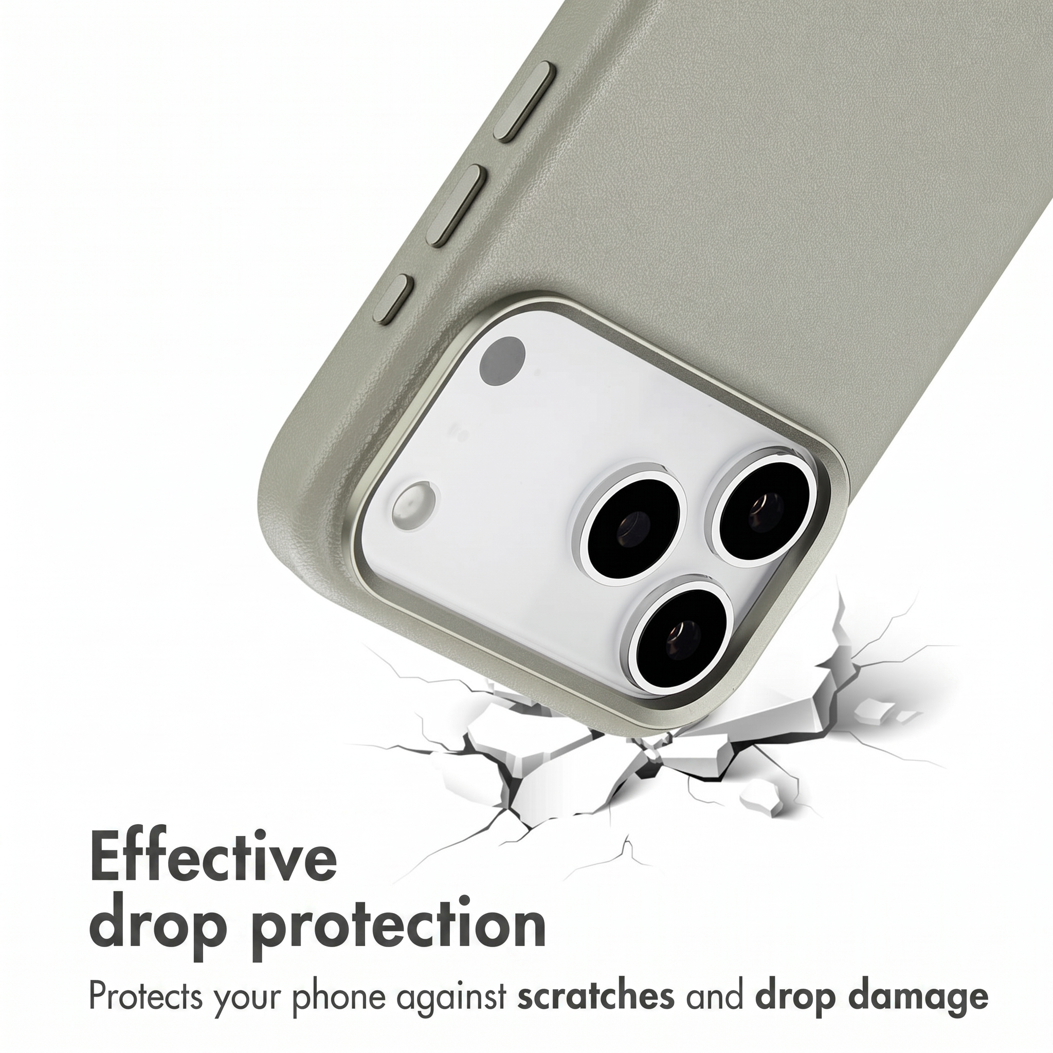 Una cover verde protegge uno smartphone che urta una superficie incrinata.