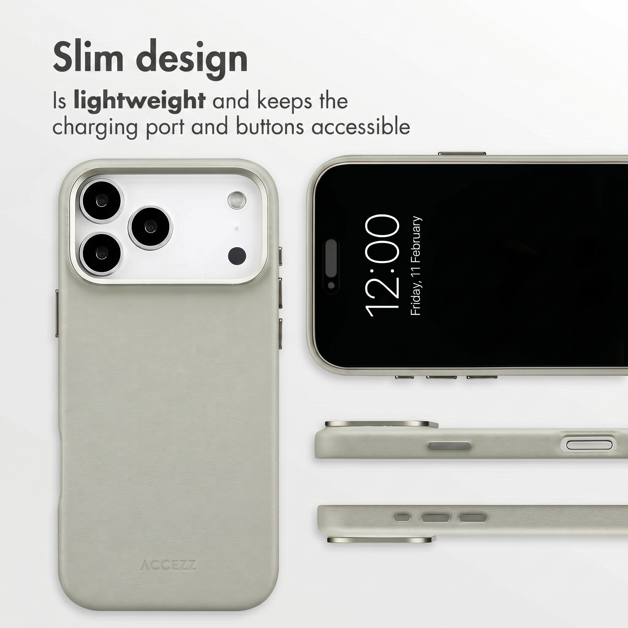 Una custodia grigia per telefono da varie angolazioni, testo sul design slim e un telefono.