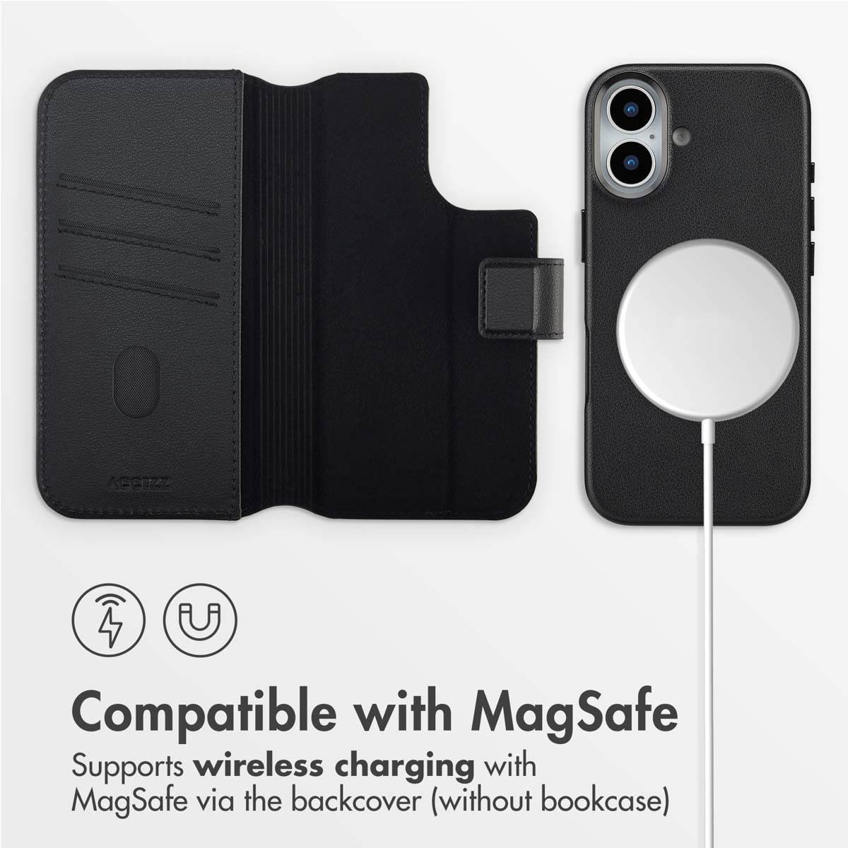 Funda de cuero negro para móvil, compatible con MagSafe y carga inalámbríca.