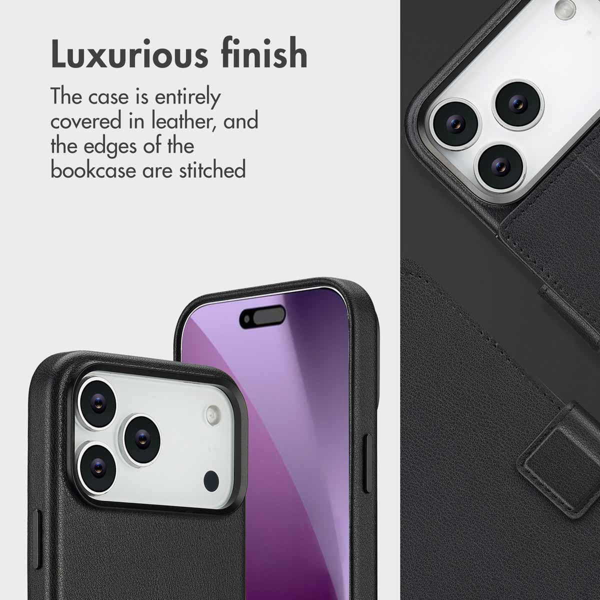 Una funda de piel negra para smartphone con bordes cosidos y acabado lujoso, mostrada con un teléfono.