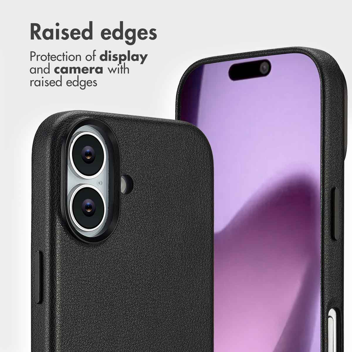 Funda negra para móvil con bordes elevados para proteger la pantalla y la cámara.