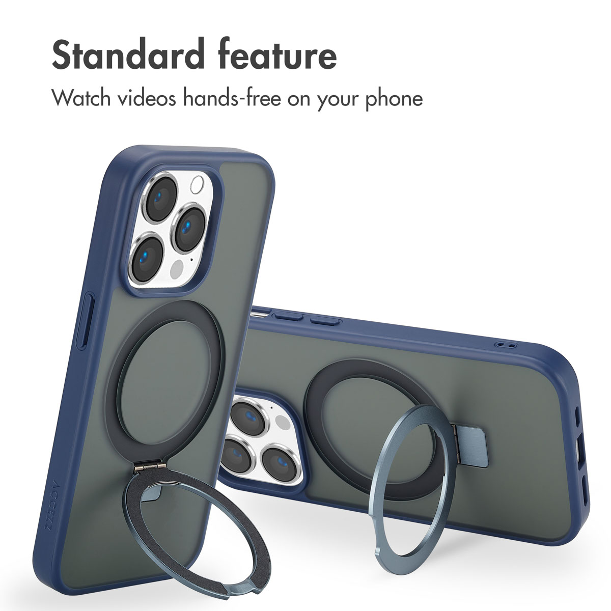 Due custodie per telefono blu con supporti ad anello integrati per uso mani libere.
