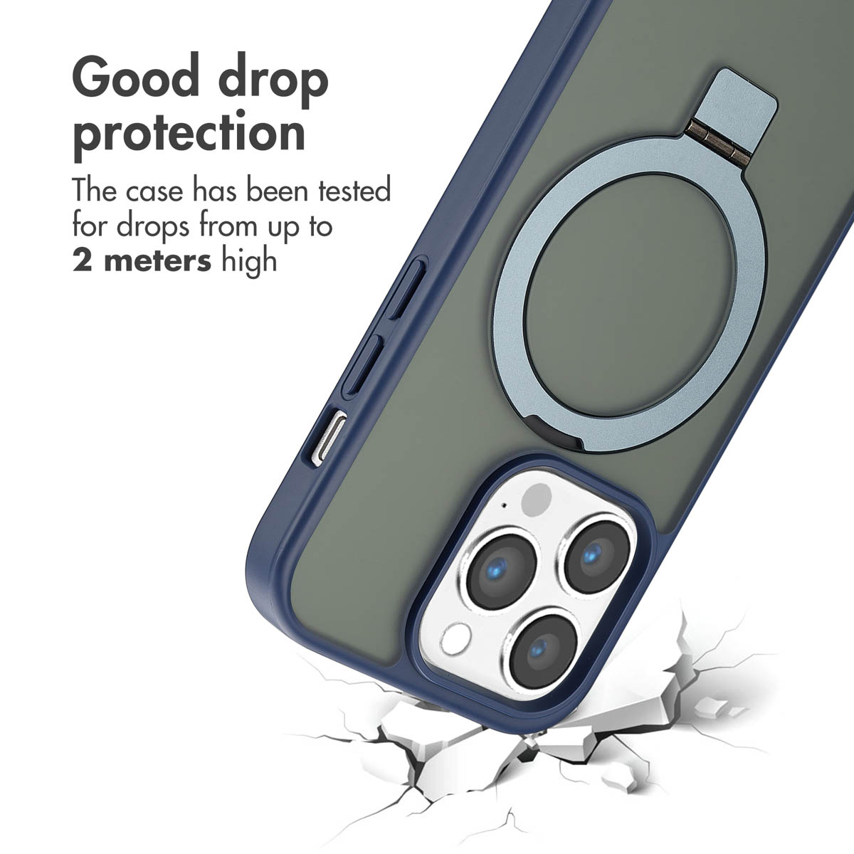 Custodia blu per smartphone con supporto ad anello e tripla fotocamera, testata per cadute fino a 2 metri.