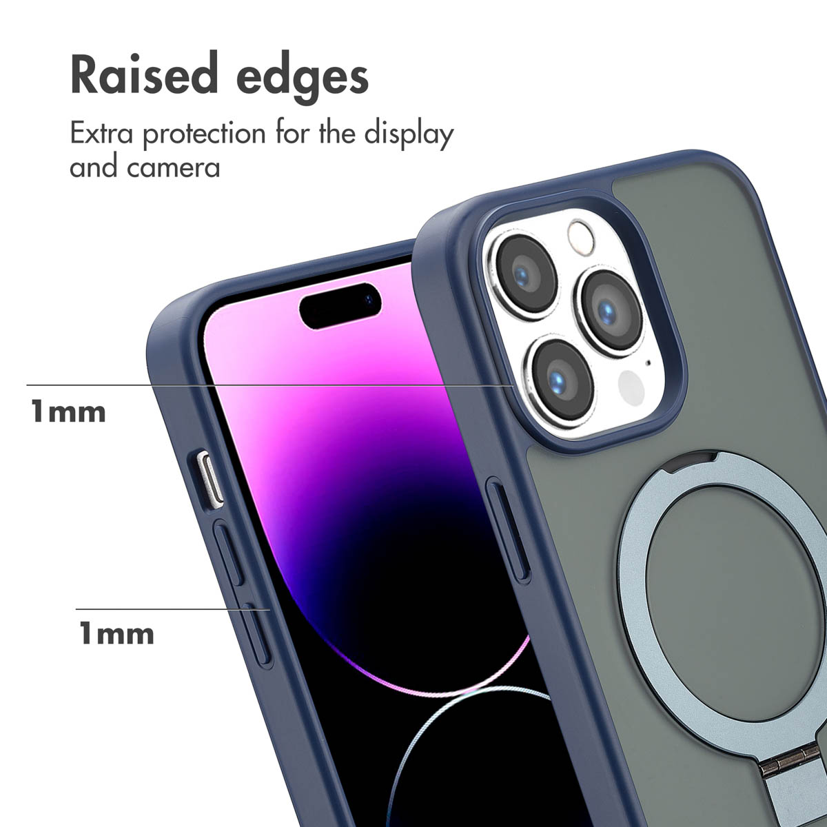 Custodia blu per smartphone con bordi rialzati di 1 mm per proteggere schermo e fotocamera.
