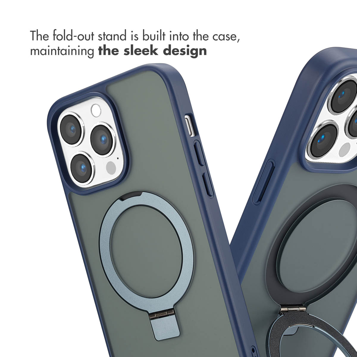 Custodia blu per smartphone con supporto pieghevole integrato e anello magnetico sul retro.