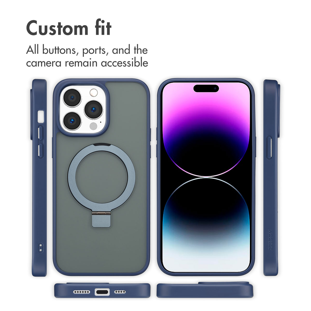 Custodia blu per telefono con supporto ad anello integrato mostra varie viste di uno smartphone.