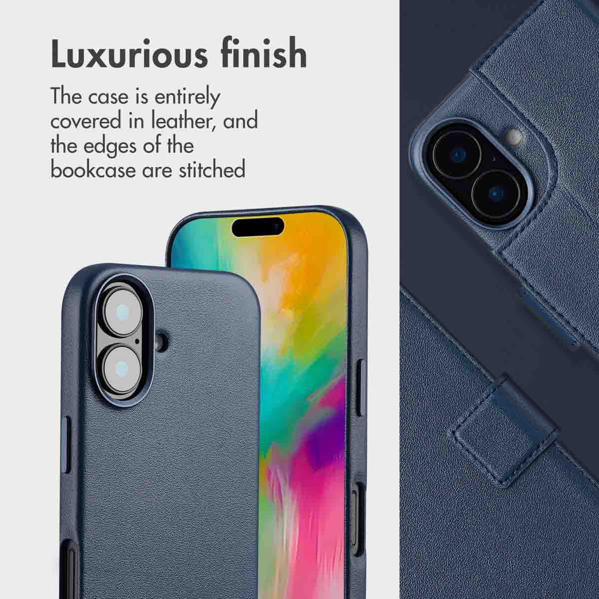 Étui de téléphone luxueux en cuir bleu avec découpe pour appareil photo.