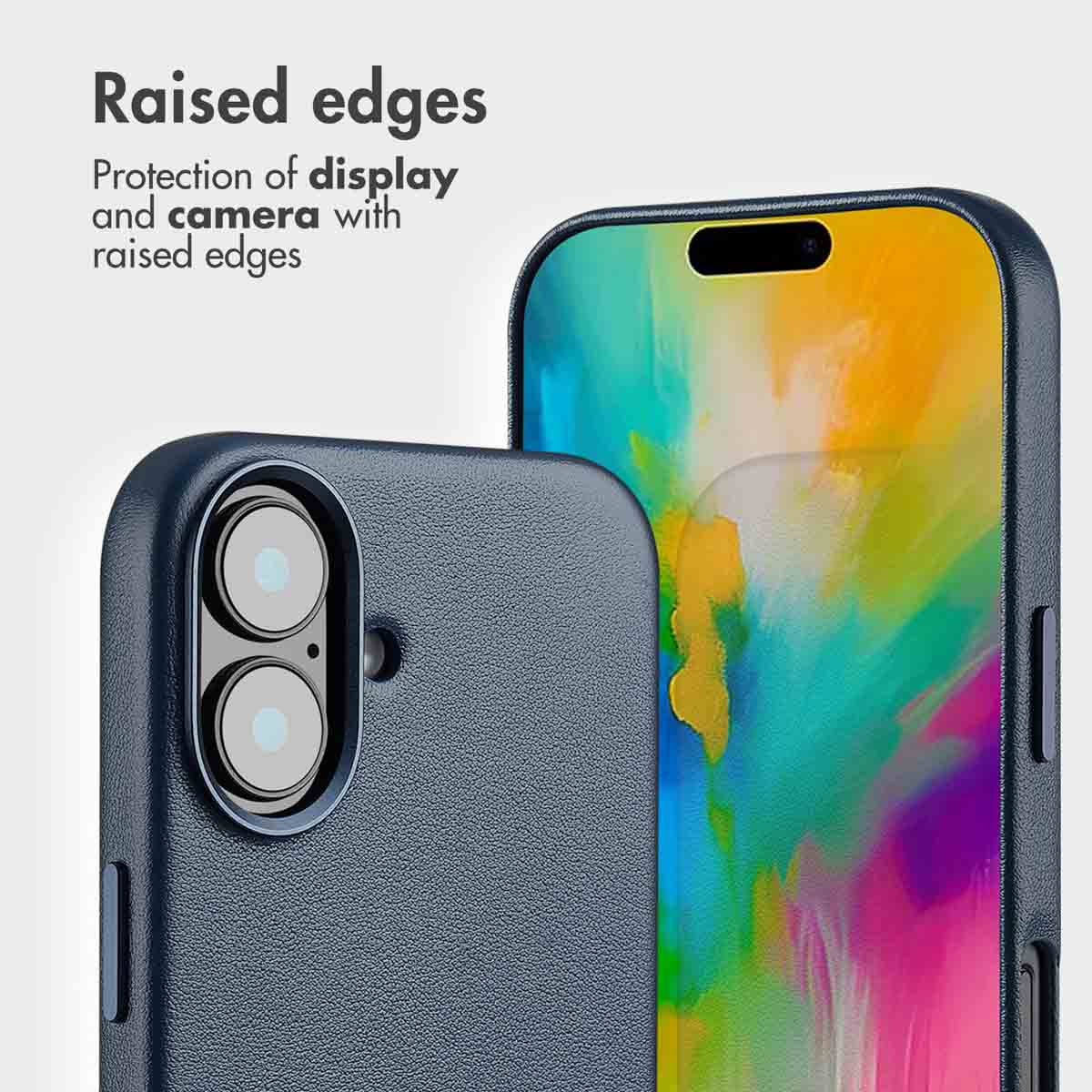 Coque de téléphone bleue avec bords surélevés pour protéger l'écran et la caméra.