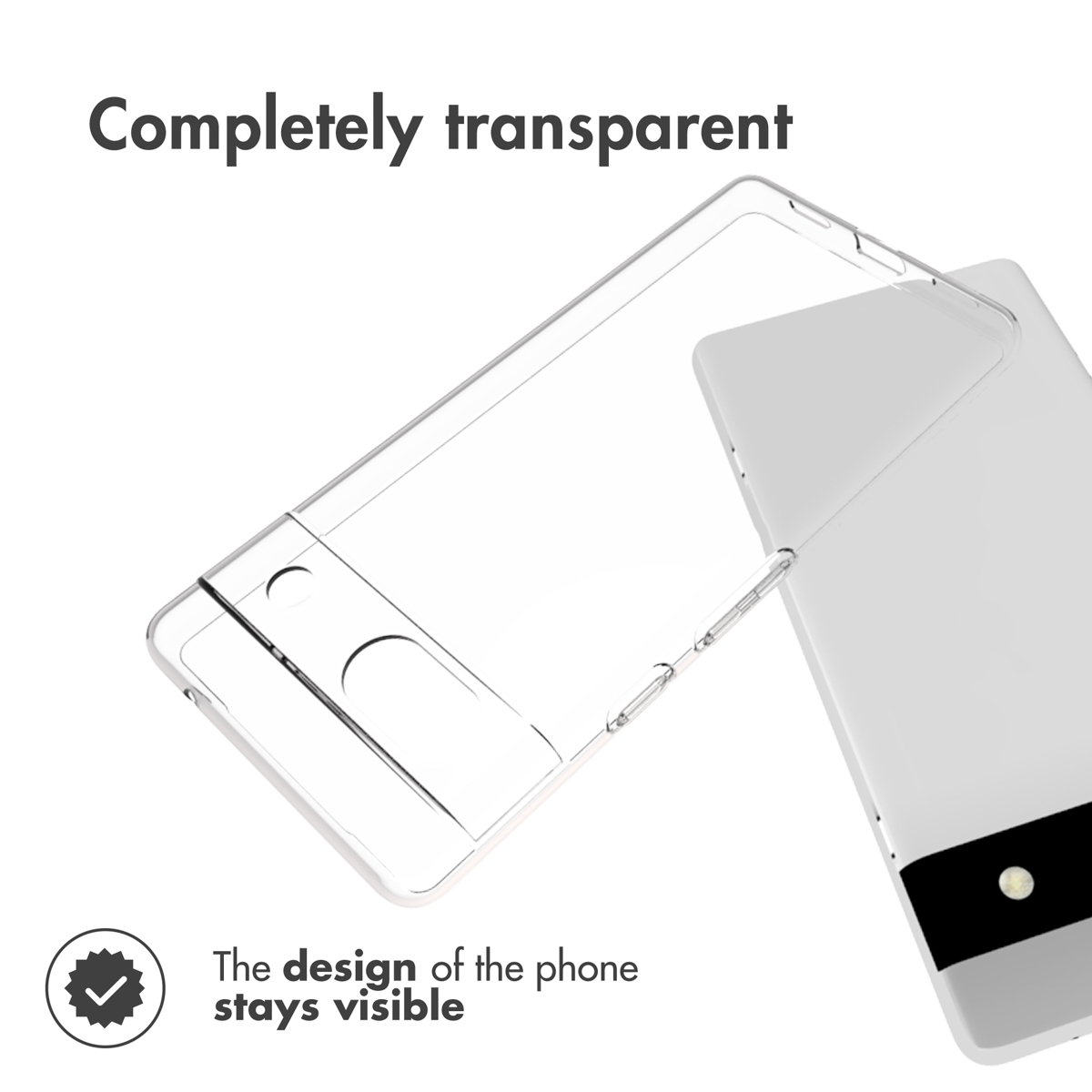 Una cover trasparente tenuta sopra uno smartphone bianco, mostrando il design.