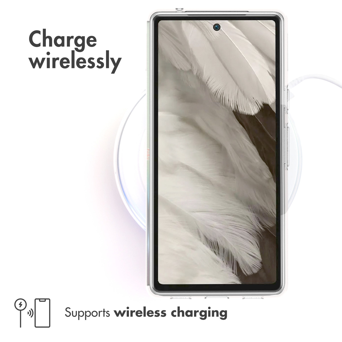 Smartphone su caricatore wireless rotondo con testo e icone.