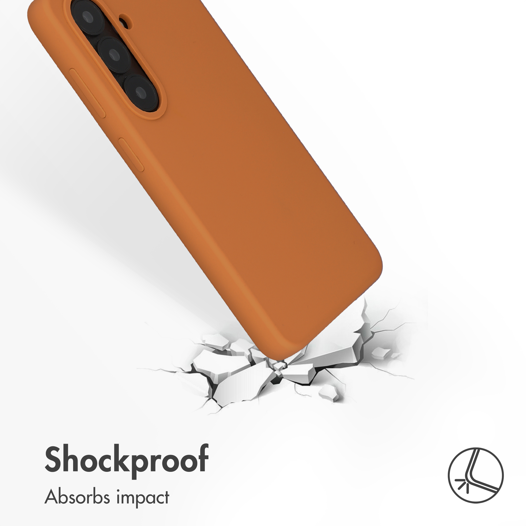 Eine orangefarbene Smartphone-Hülle stößt gegen einen rissigen weißen Untergrund, Text lautet Shockproof.