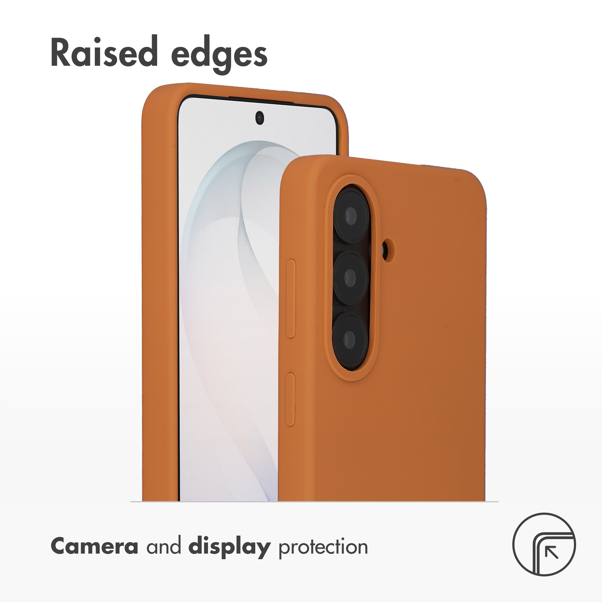 Zwei orange Handyhüllen zeigen erhöhte Kanten für Kamera- und Display-Schutz.