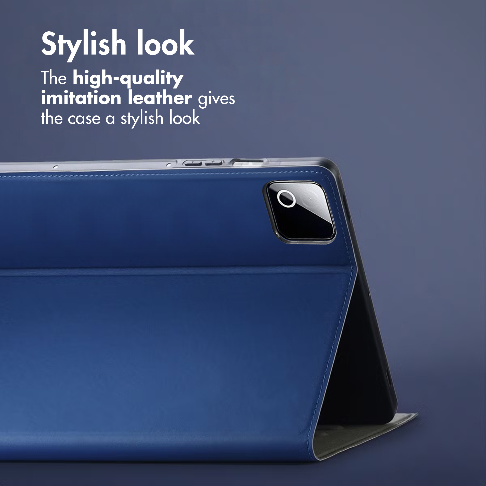A blue leather tablet case with camera cutout and stand, set against a dark blue background with white promotional text.