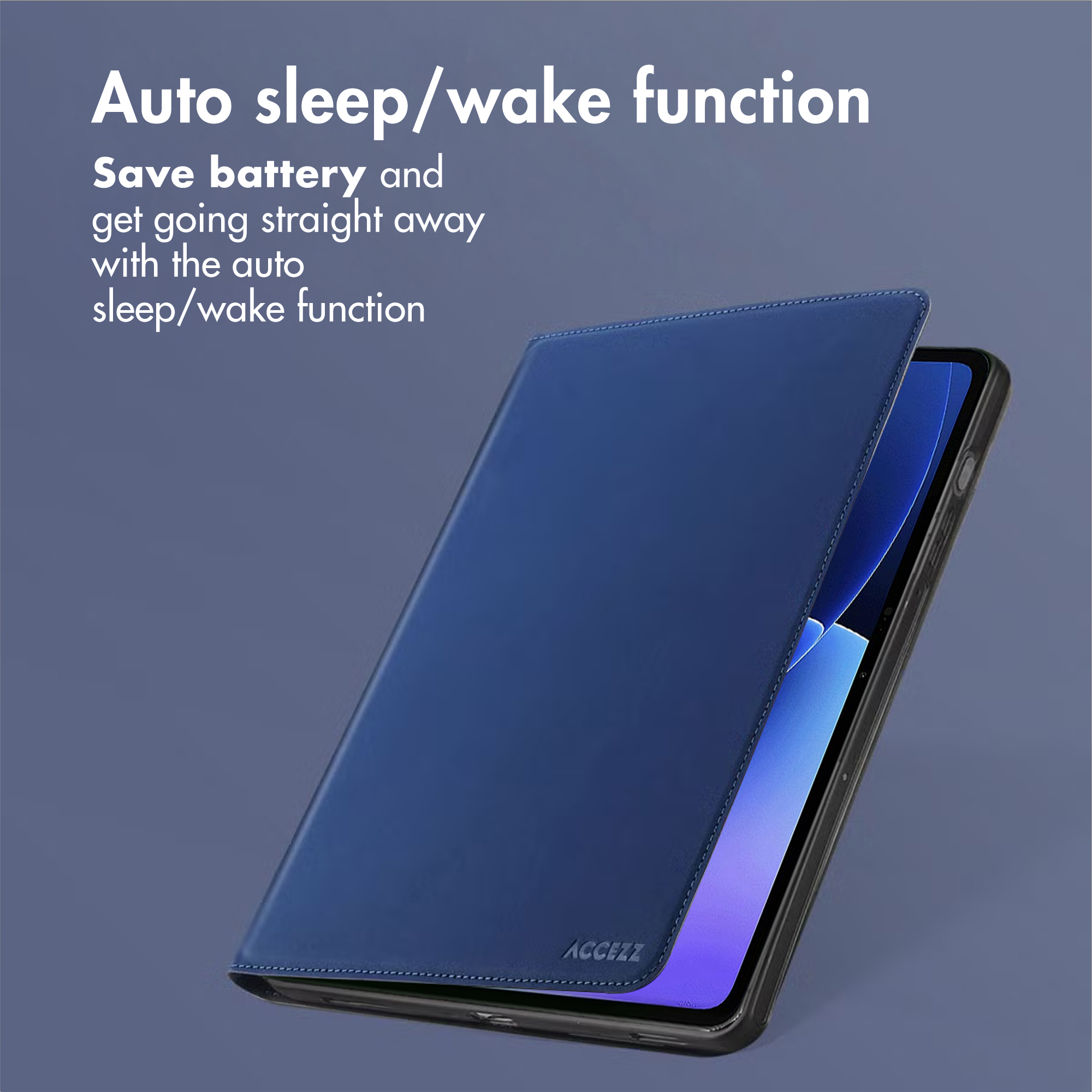 A blue tablet case with auto sleep function against a gray background.