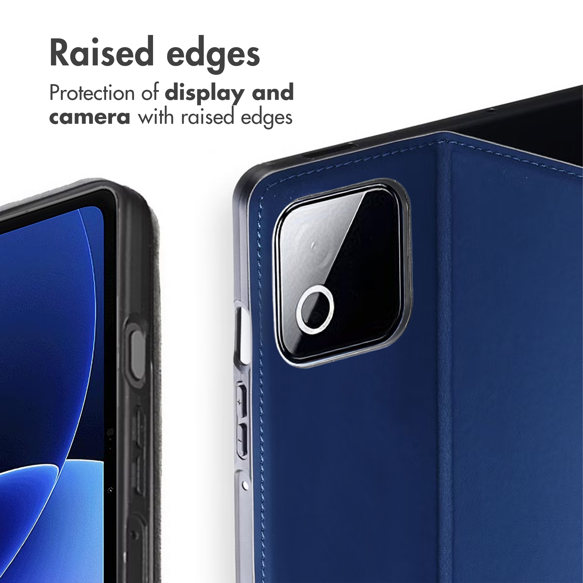 Blue phone case showing raised edges for screen and camera.