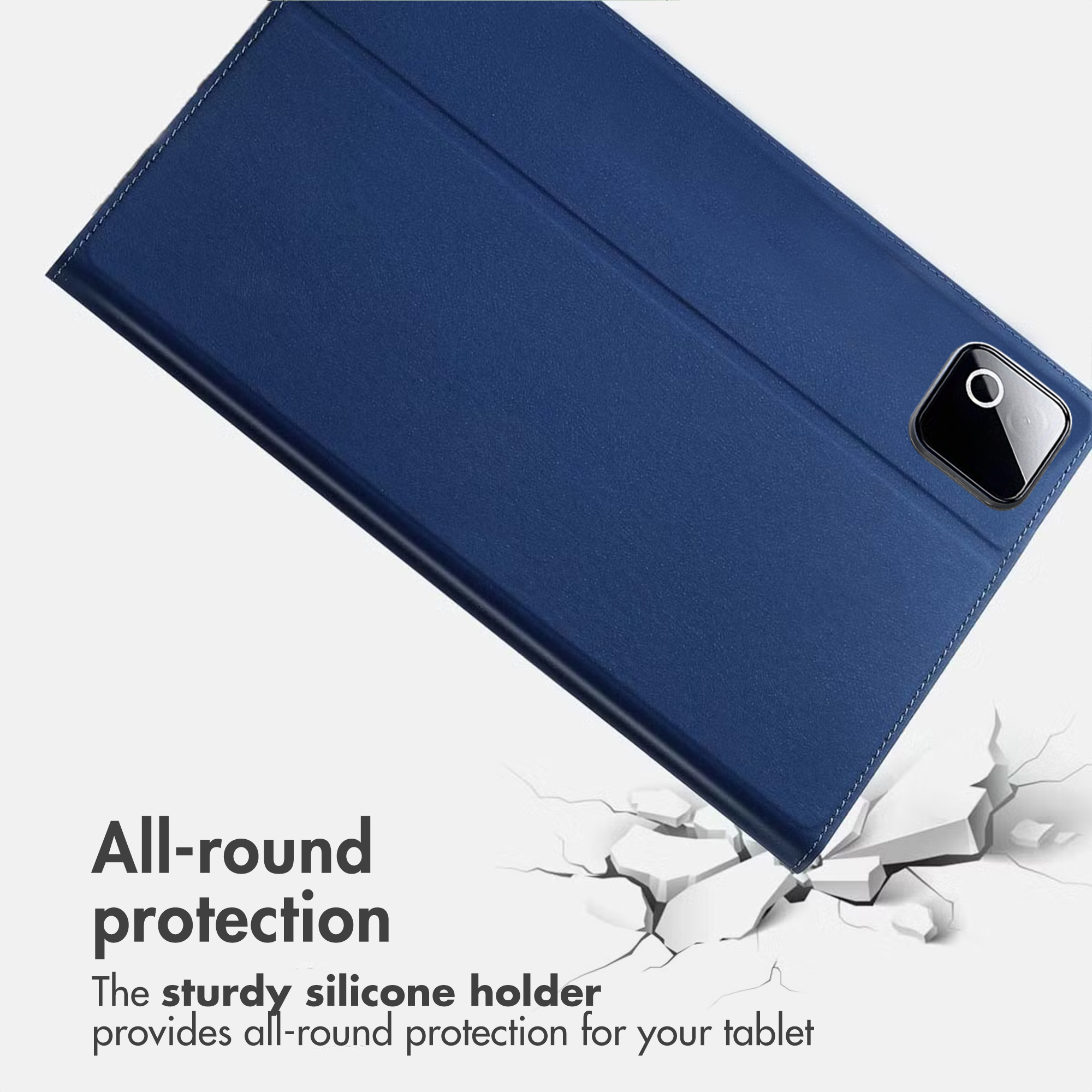 A blue tablet case with camera cutout hovers above a cracked white surface with text.