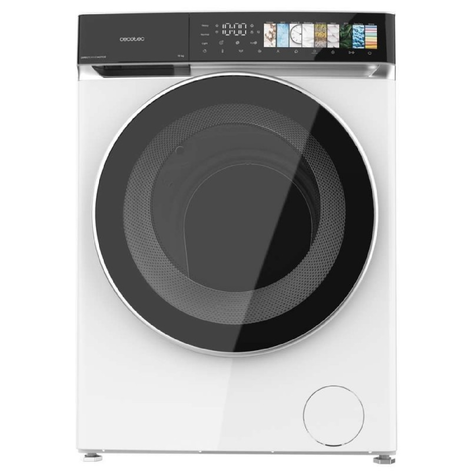 Lavadora blanca moderna con puerta de vidrio negra y pantalla digital arriba.
