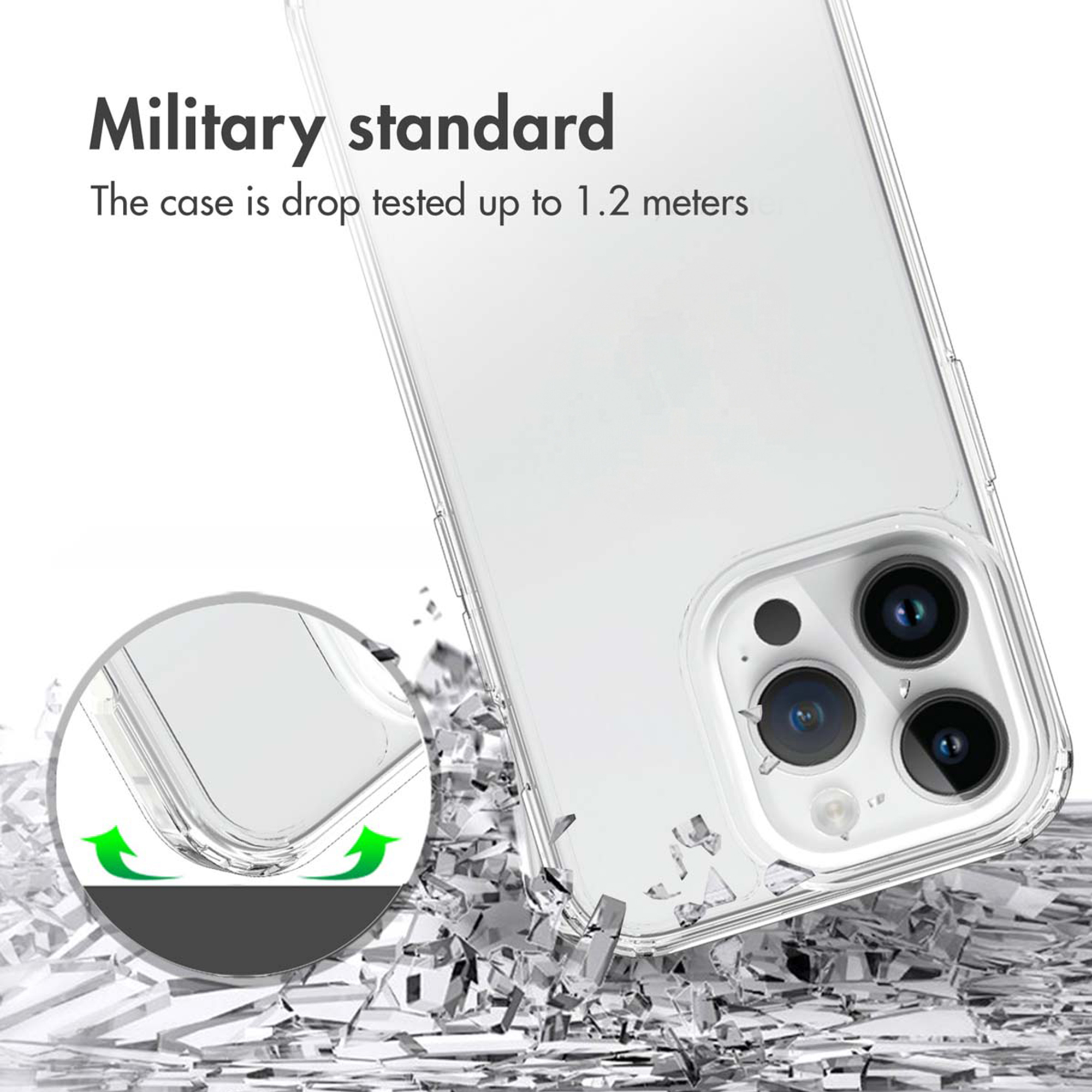 Coque de téléphone transparente avec texte militaire, posée sur des éclats de verre.