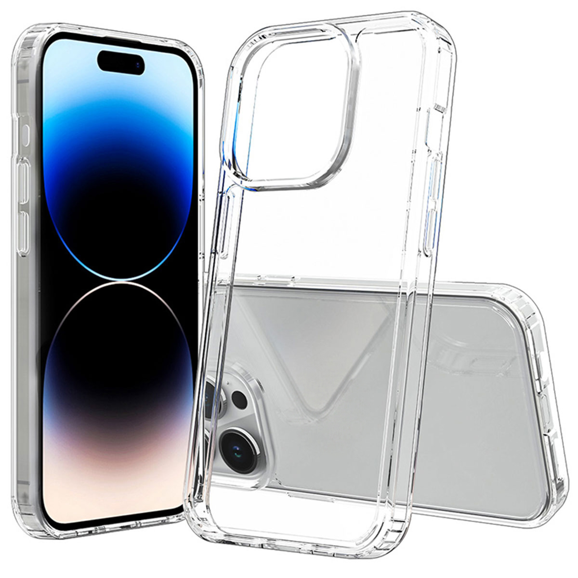 Coque de téléphone transparente sur un smartphone avec écran bleu et appareil photo.