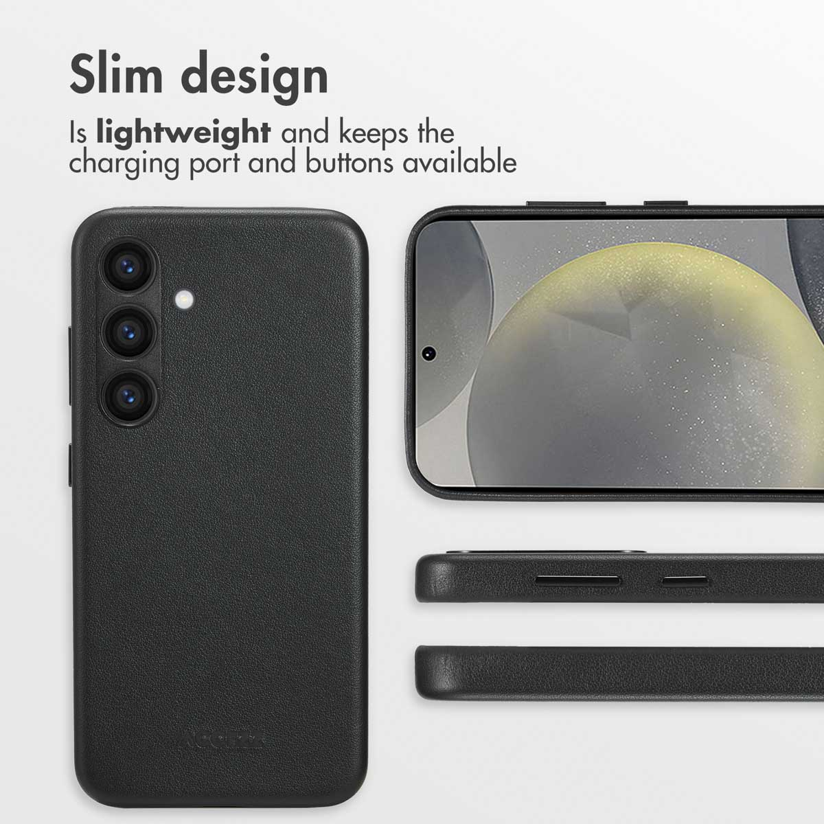 Design sottile mostra una cover per telefono nera leggera con aperture per tasti e porte.