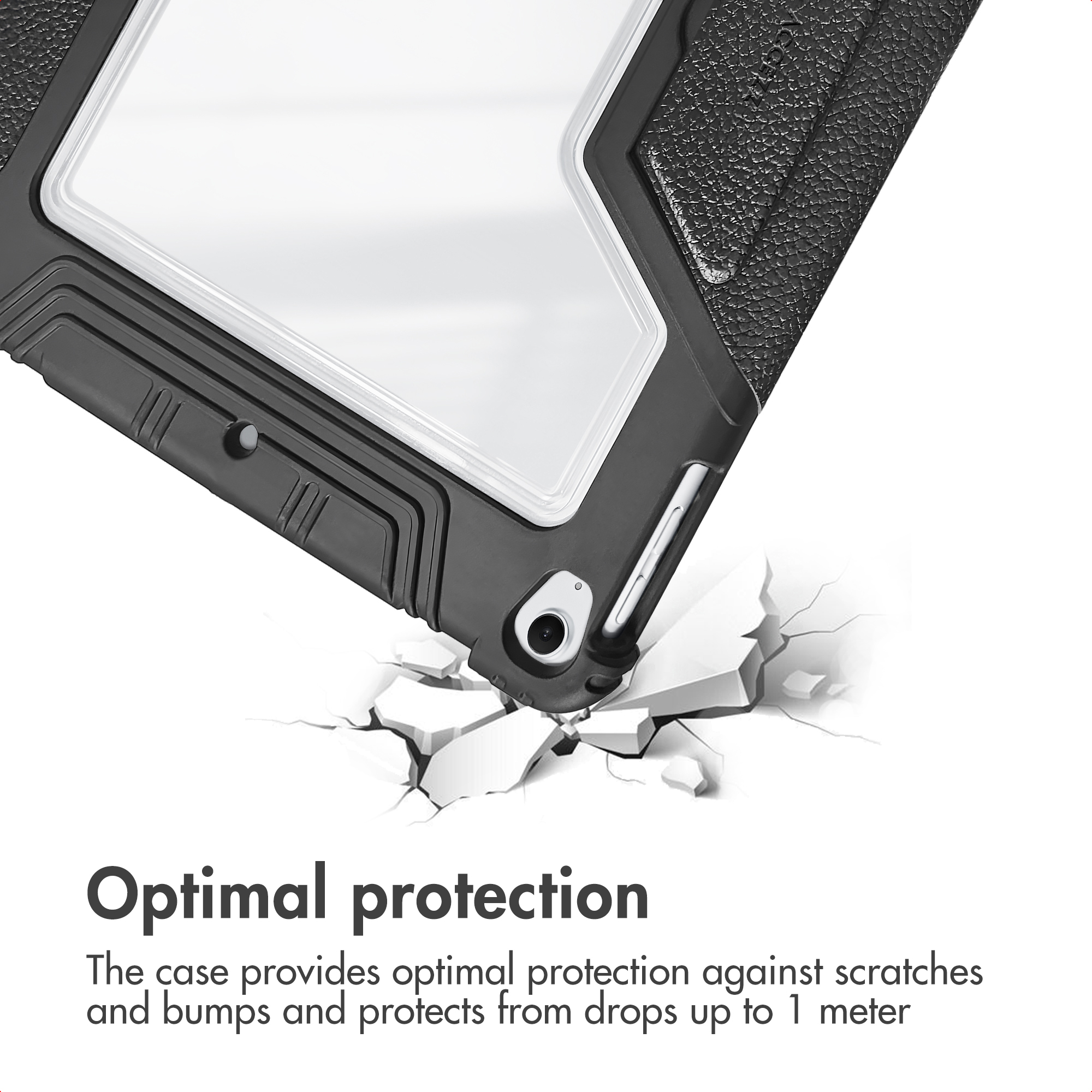 A black tablet case shown with drop protection over a cracked surface, with text about optimal protection.