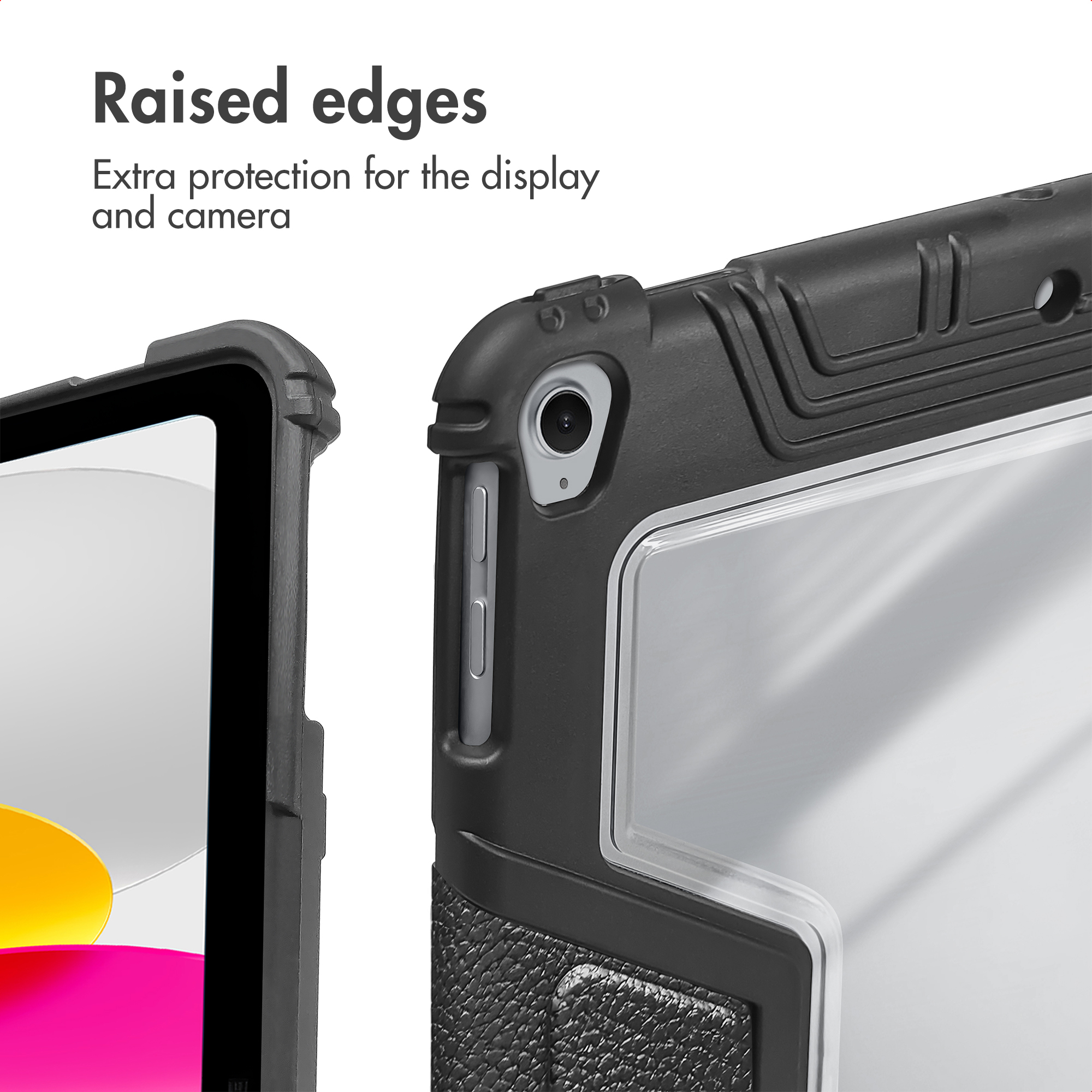 Raised edges for display and camera protection on a black tablet case.