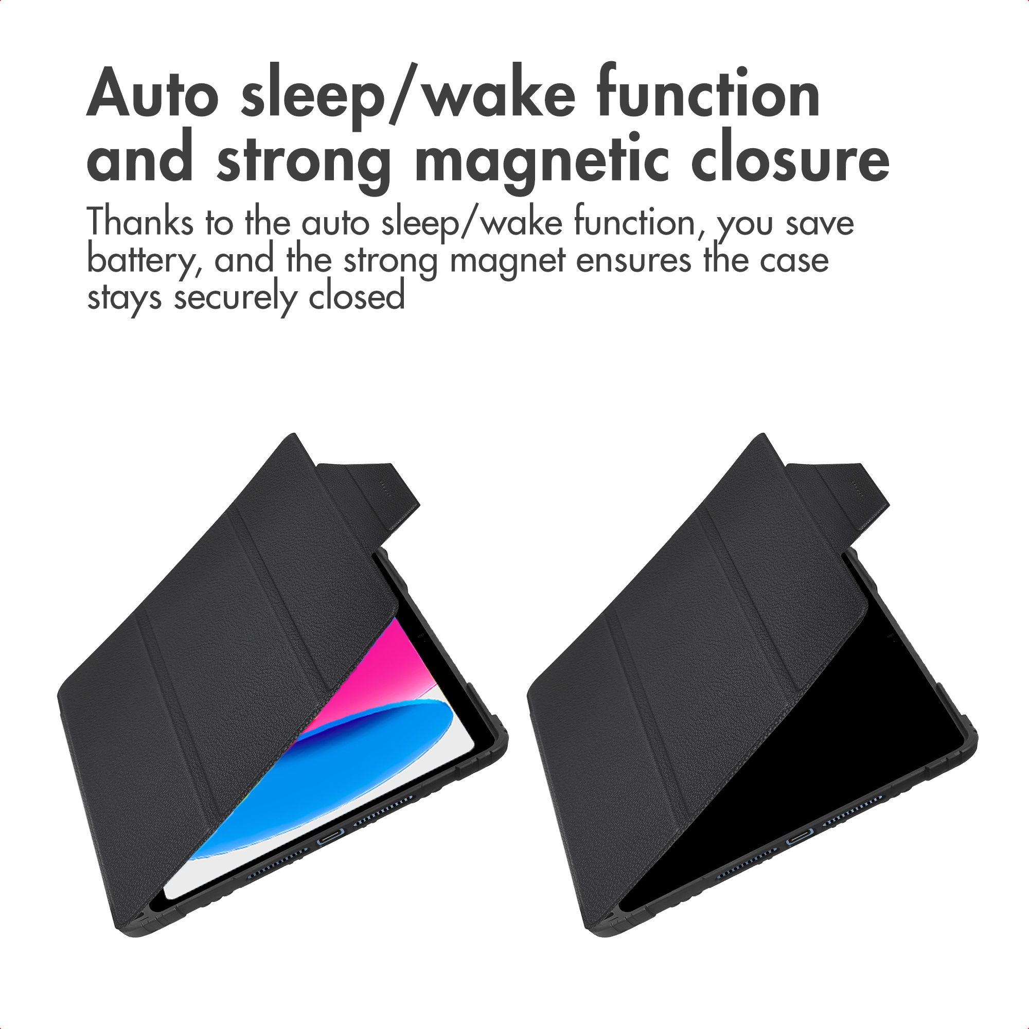 Two black tablet cases demonstrate the auto sleep-wake function and magnetic closure.