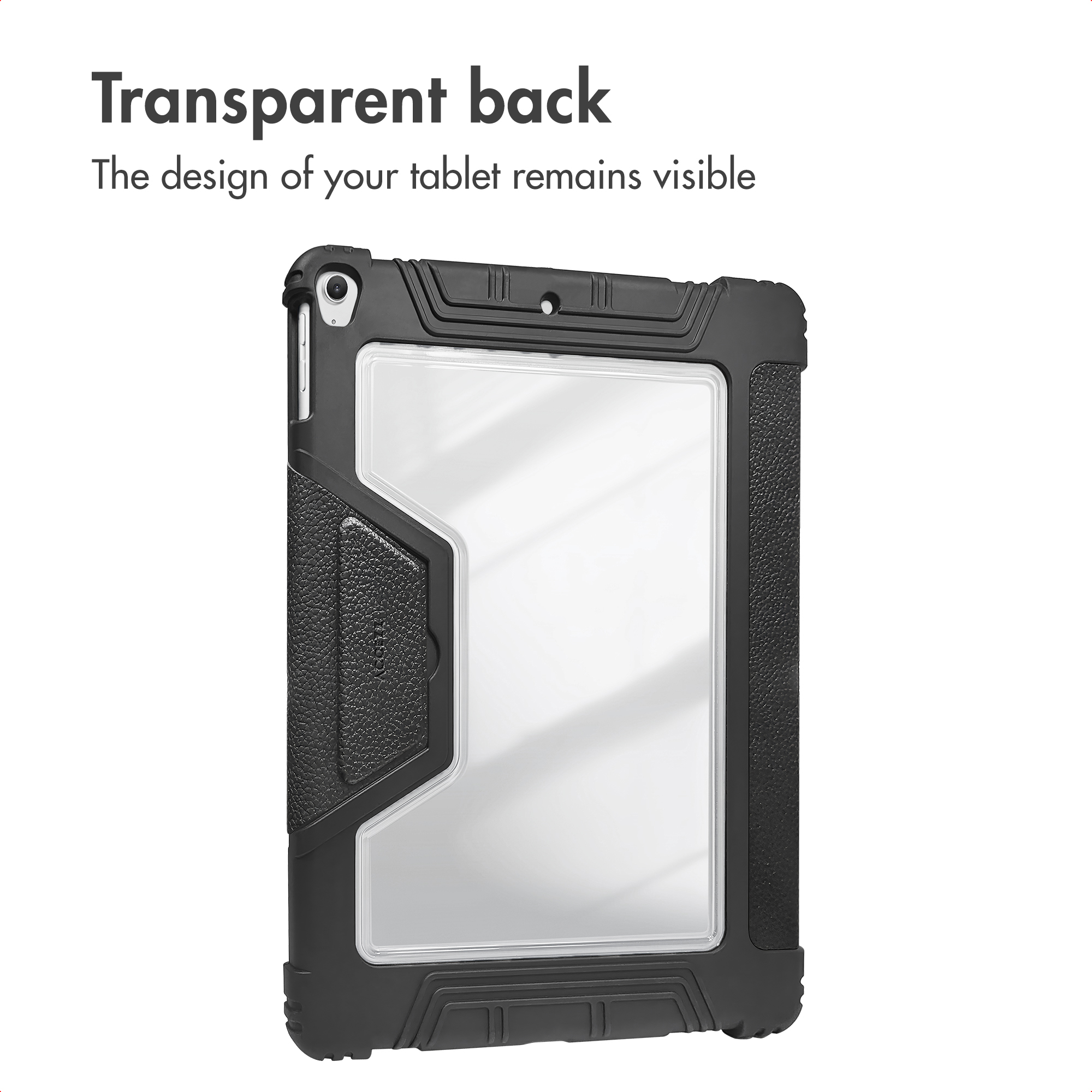 A black rugged tablet case with a transparent back panel showing text Transparent back above.
