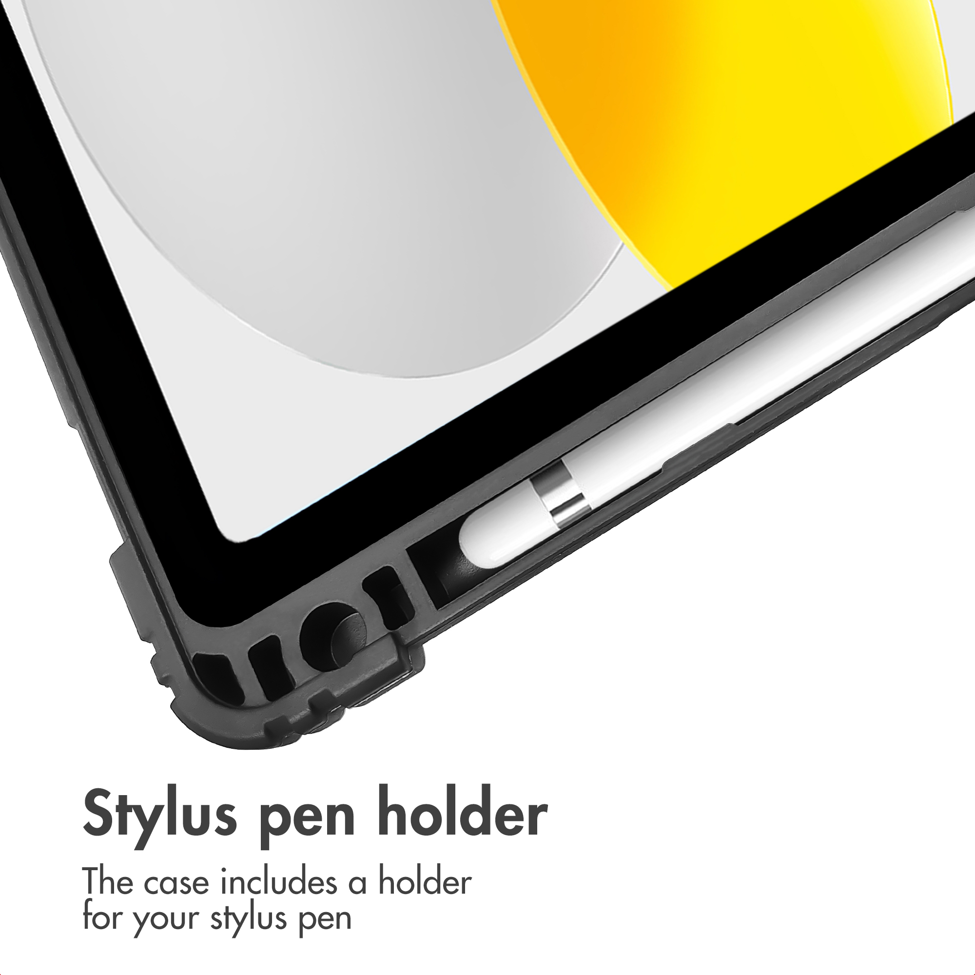 A close-up of a tablet case with a built-in white stylus pen holder, shown against a white background.