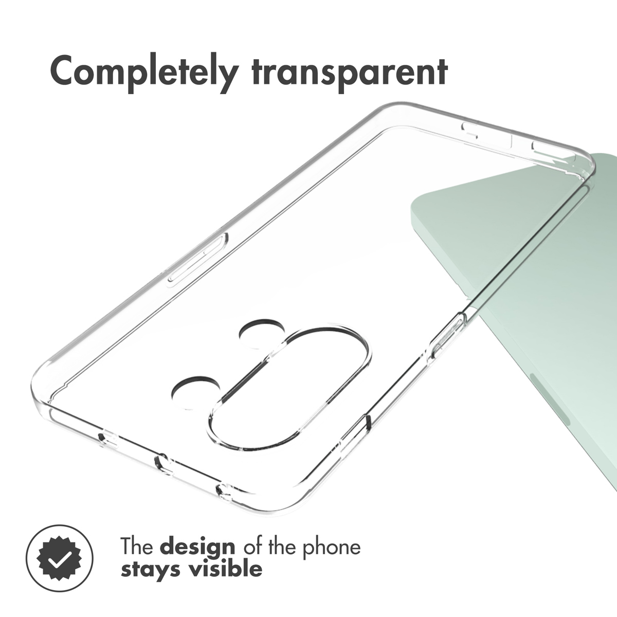 Una custodia per telefono completamente trasparente si trova su una superficie verde menta con del testo.