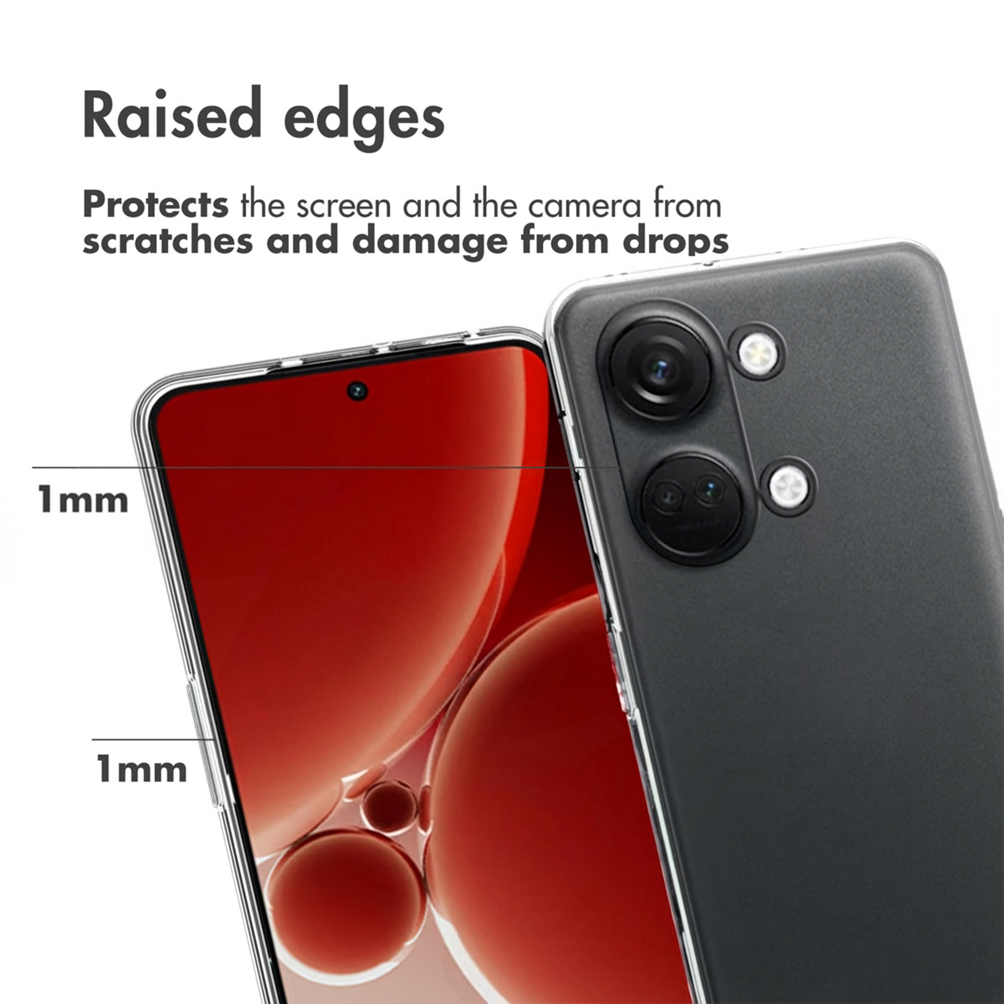 I bordi rialzati di 1 mm proteggono lo schermo e la fotocamera di uno smartphone.