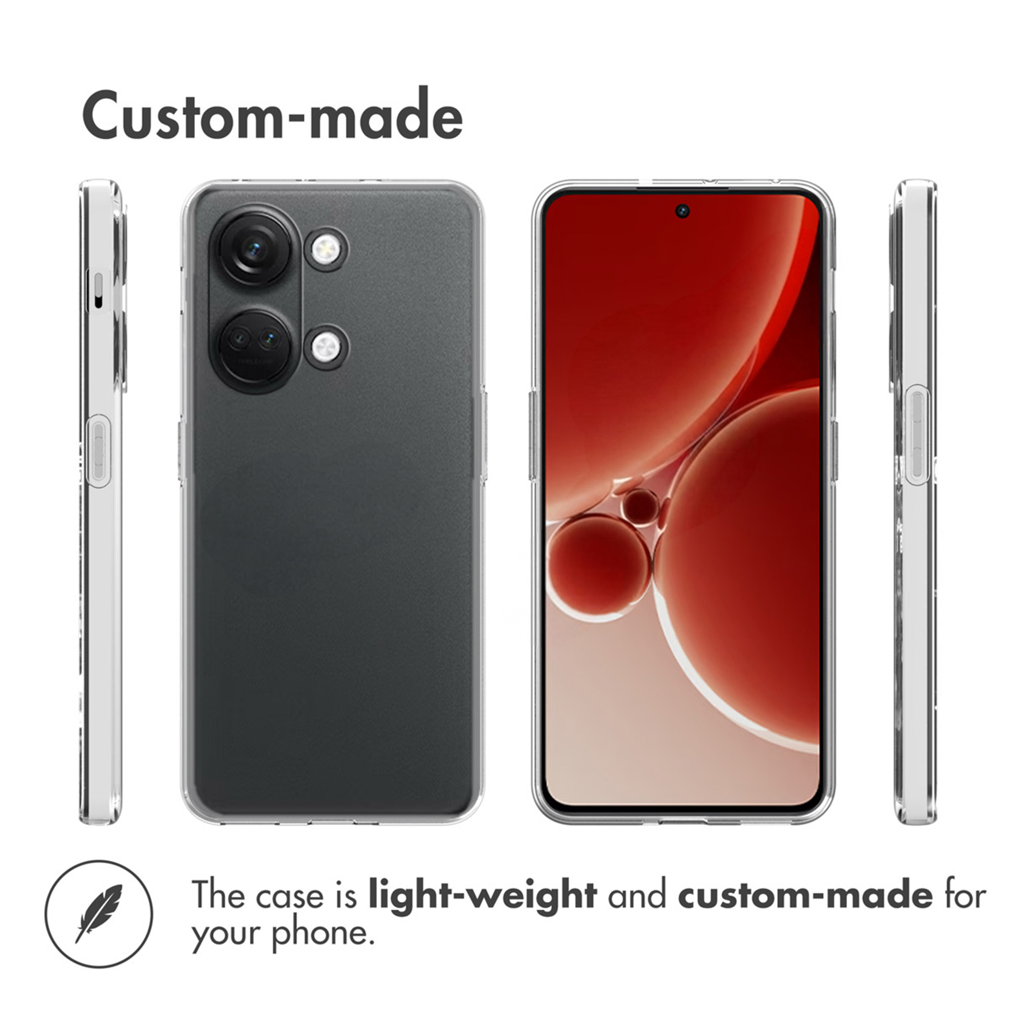 Uno smartphone da varie angolazioni con custodia protettiva trasparente e testo sul design leggero.