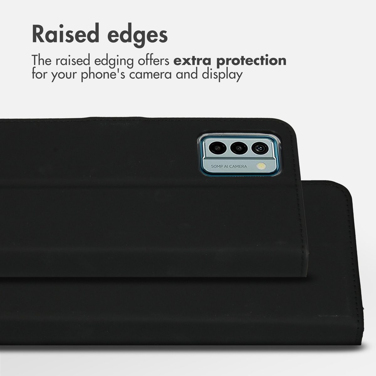 Funda de móvil negra con bordes elevados para mayor protección de la cámara y la pantalla.