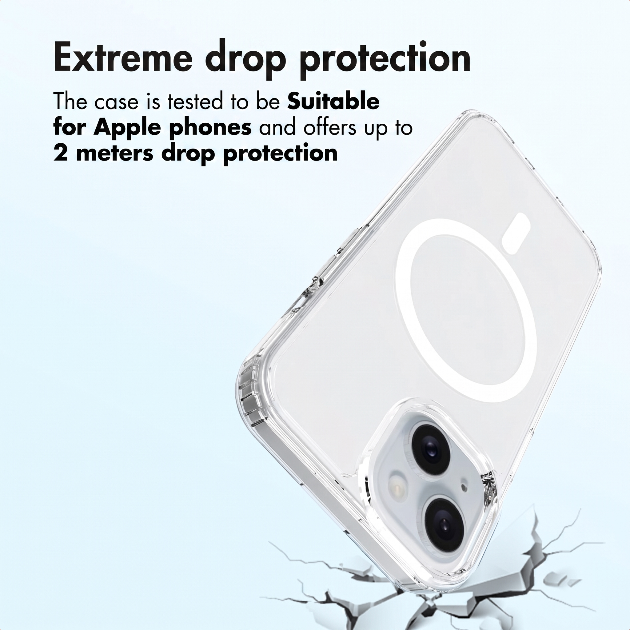 Une coque iPhone transparente avec texte de protection contre les chutes sur fond bleu clair.
