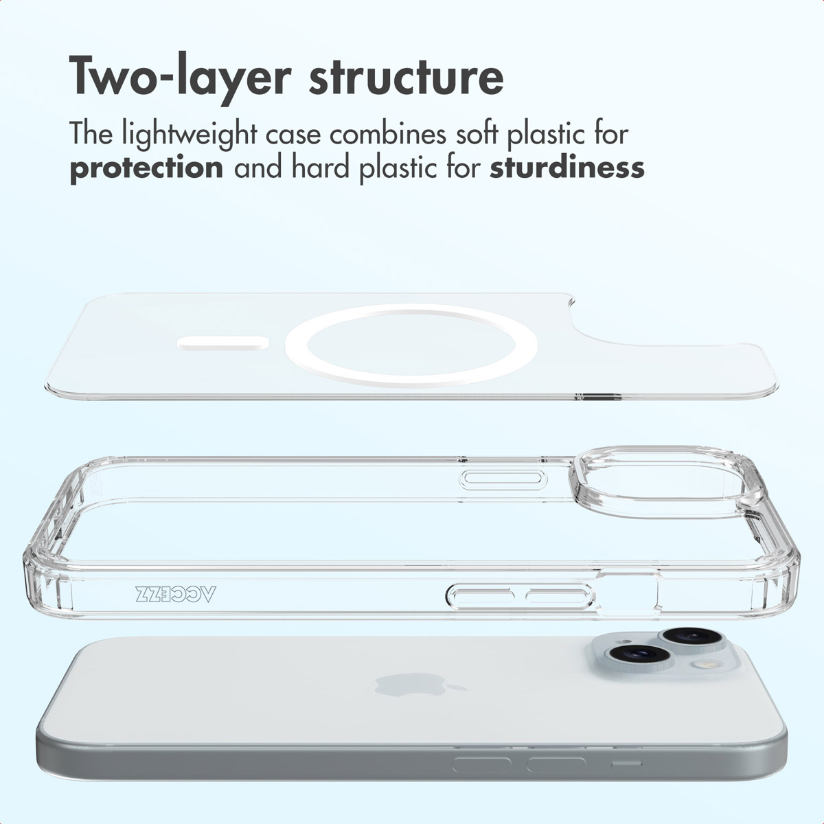 Vue éclatée d'une coque de protection transparente à deux couches pour smartphone avec MagSafe.