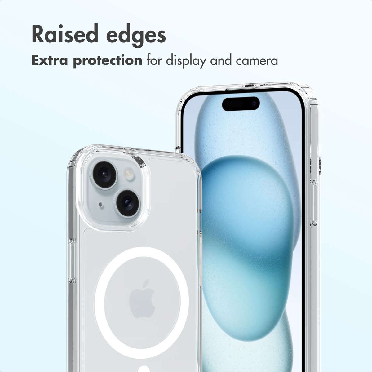 Deux smartphones dans des coques transparentes sur fond bleu clair, avec du texte sur les bords surélevés.