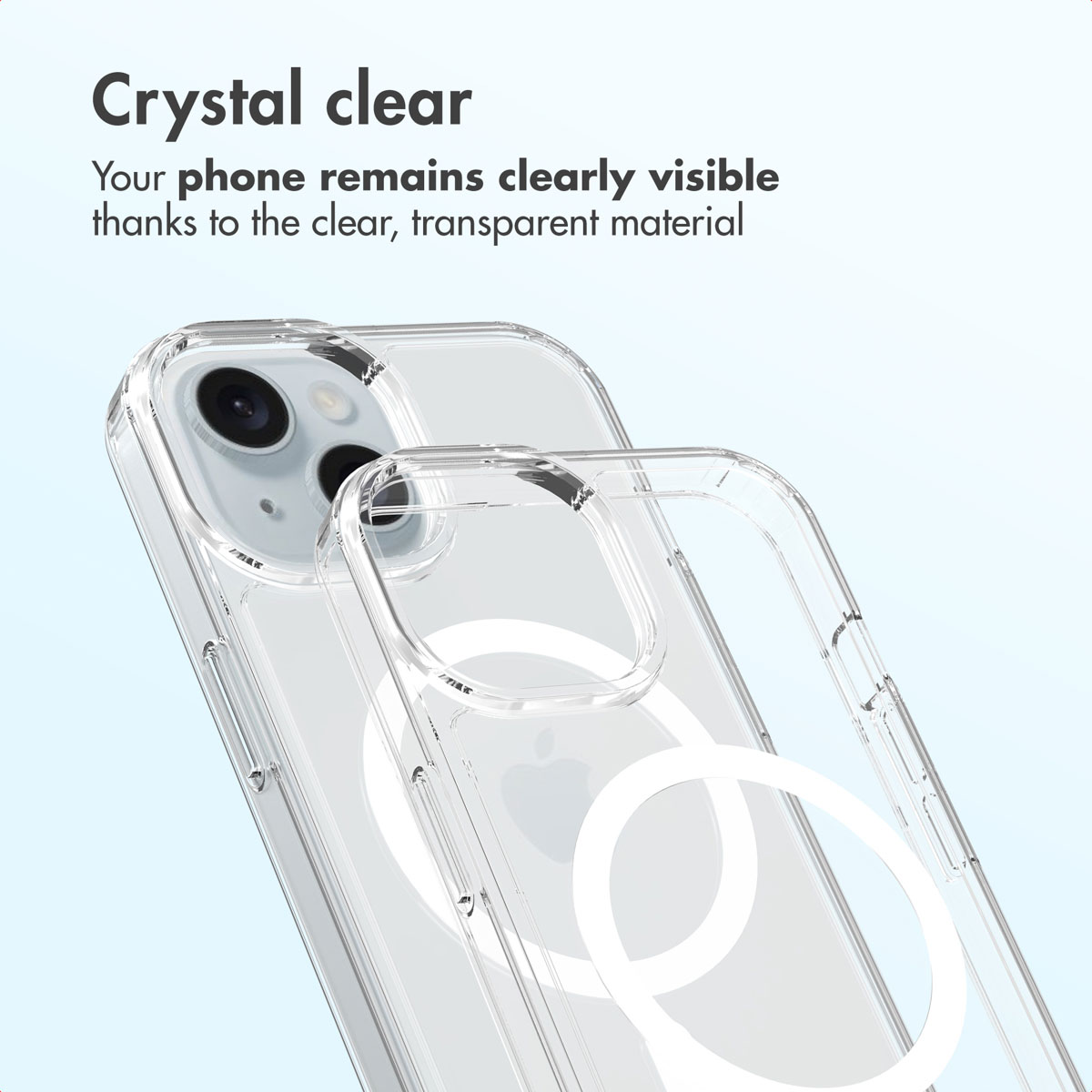 Coque de téléphone transparente avec anneau MagSafe sur fond clair avec le texte 'Crystal clear'.