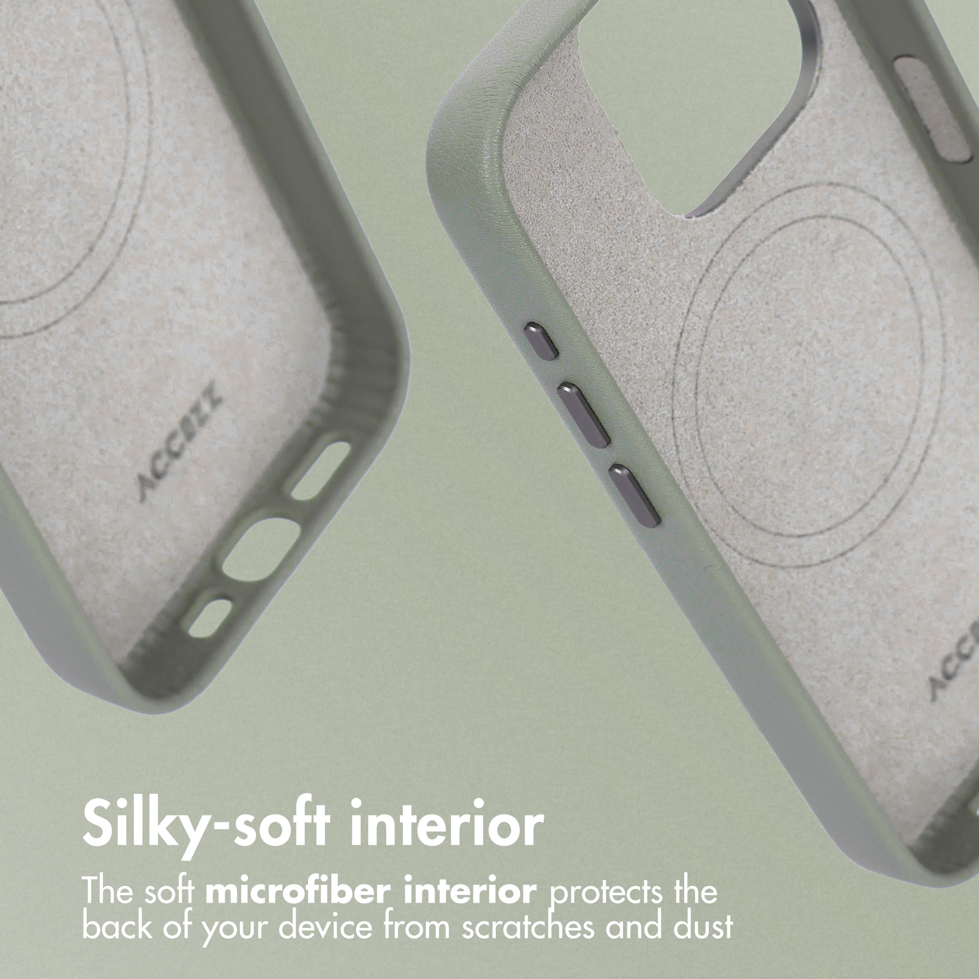 Deux coques de smartphone vertes avec intérieur en microfibre douce sur fond vert clair, montrant la doublure soyeuse.