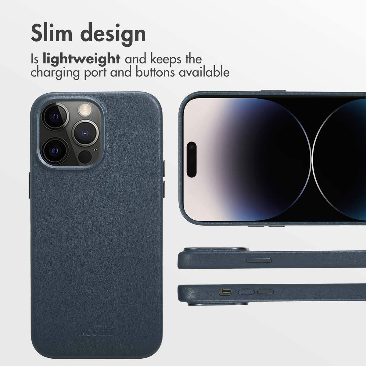 Coque de téléphone bleu foncé sous plusieurs angles avec découpes pour la caméra.