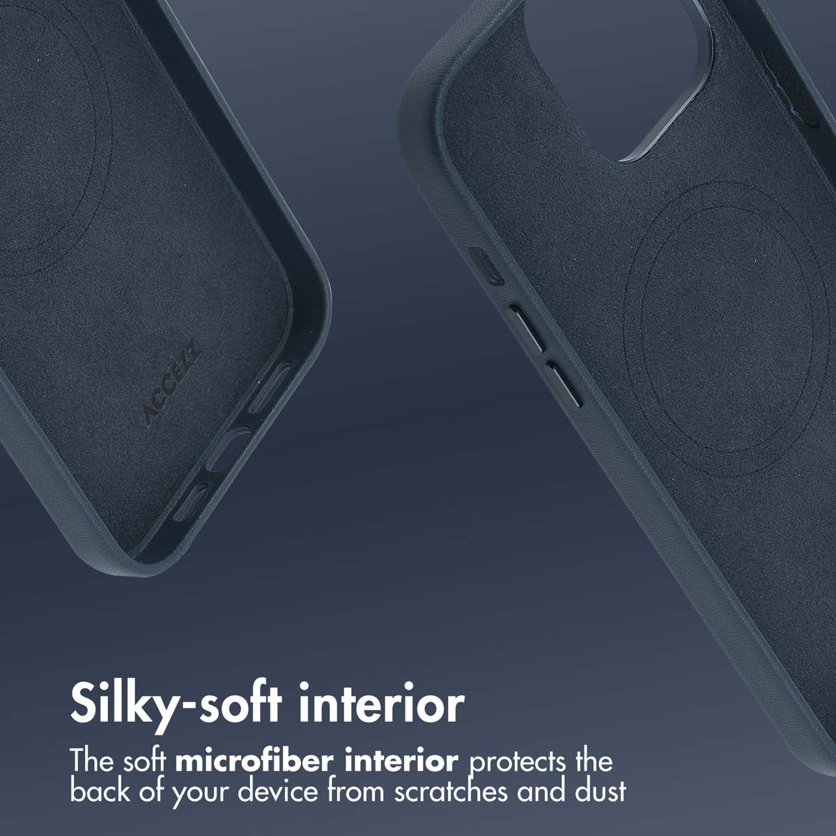 Deux coques de téléphone bleu foncé montrant un intérieur en microfibre douce sur fond dégradé.