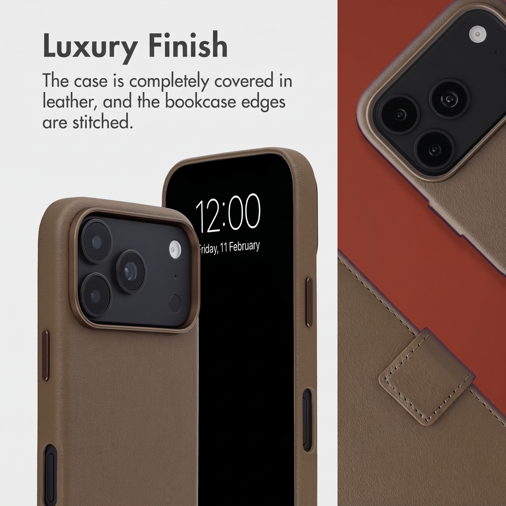 Coque de smartphone en cuir marron avec bords cousus et découpe pour l'appareil photo, sous plusieurs angles.